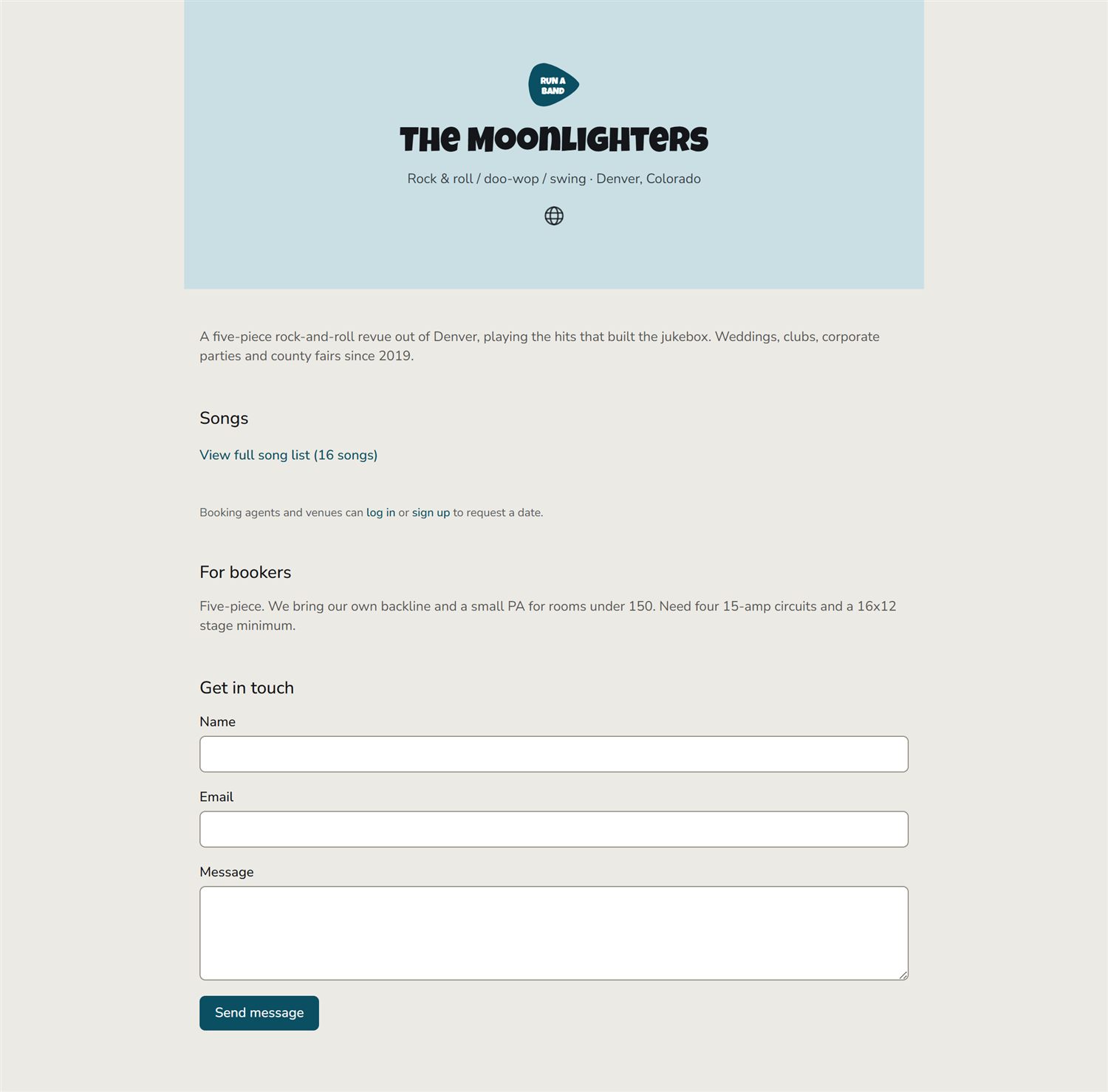 A public press kit page for The Moonlighters, with bio, song list, booker notes and a contact form.