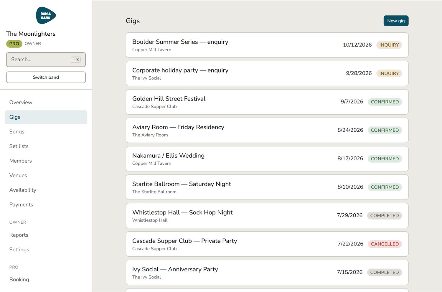The RunABand gig list, showing confirmed, completed, inquiry and cancelled shows for a band called The Moonlighters.