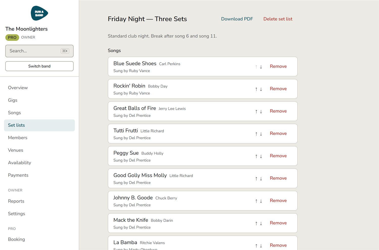 A set list called Friday Night — Three Sets, listing songs in order with the primary singer for each.